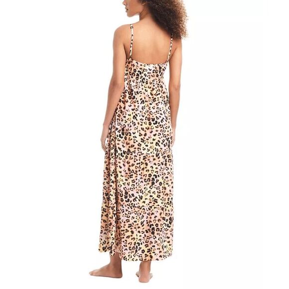 Bar III Plunge Cut Pink Yellow Cheetah Print Swim Cover-Up Maxi Dress Large NWT - Picture 2 of 11